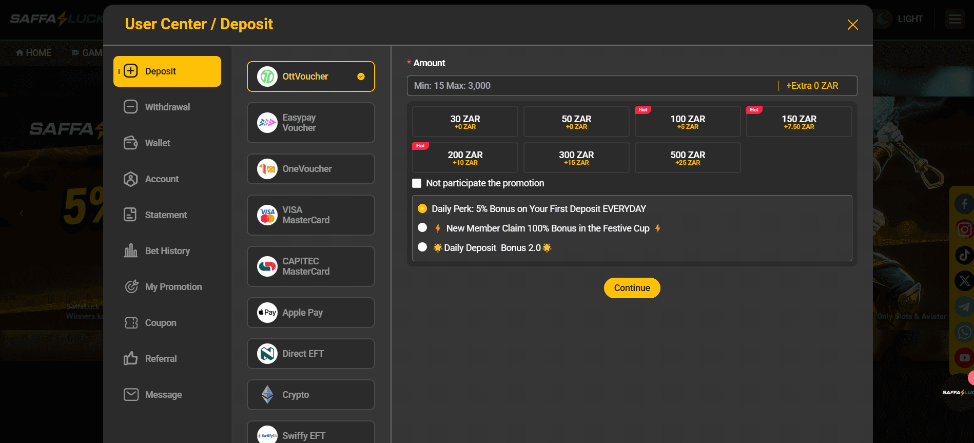 Press the ‘Deposit’ button at the top of the screen