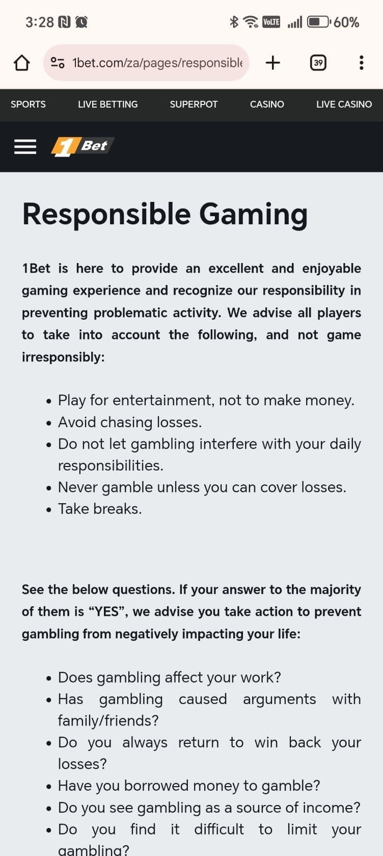 Responsible Gambling 1bet