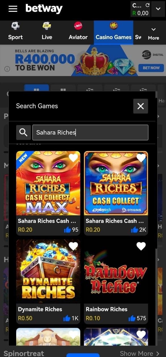 Search for Sahara Riches Cash Collect in the slot library