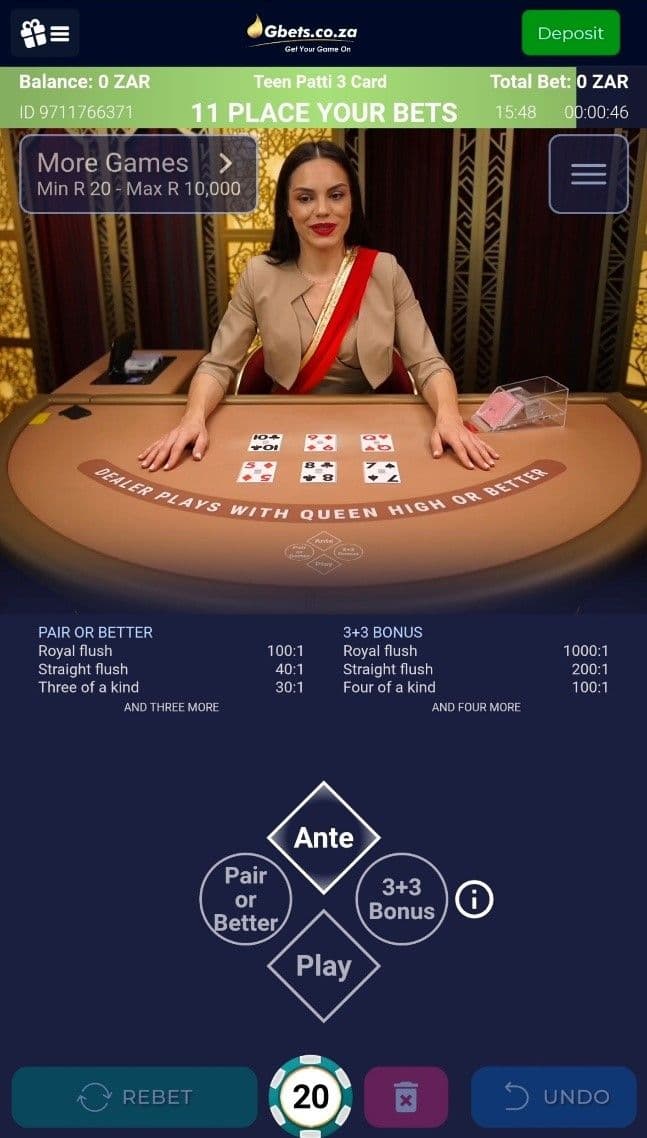 Select Teen Patti from the Live Casino lobby