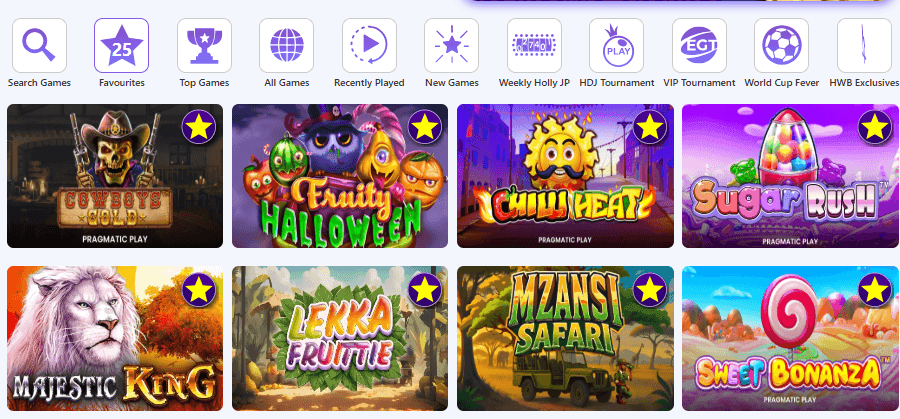 Slots lobby at Hollywoodbets