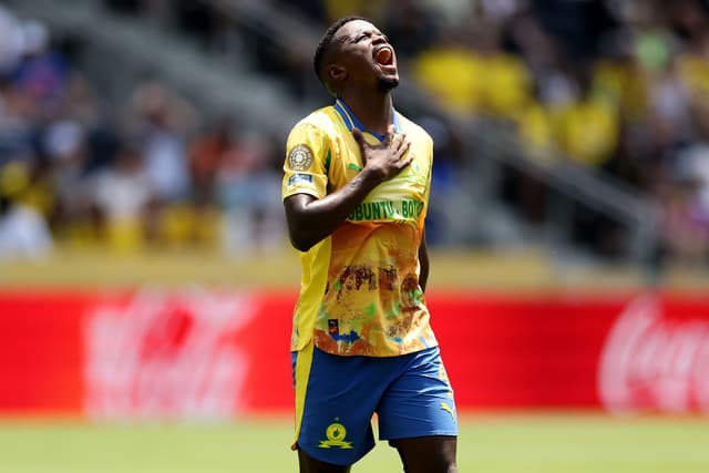 Teboho Mokoena #4 of Mamelodi Sundowns FC reacts to missing a shot on goal