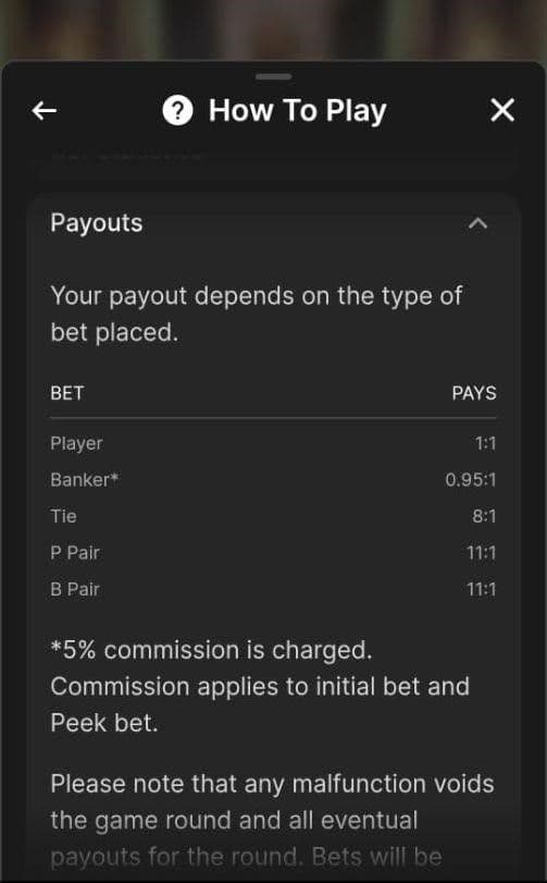The rule sheet must explicitly state the payout for Player