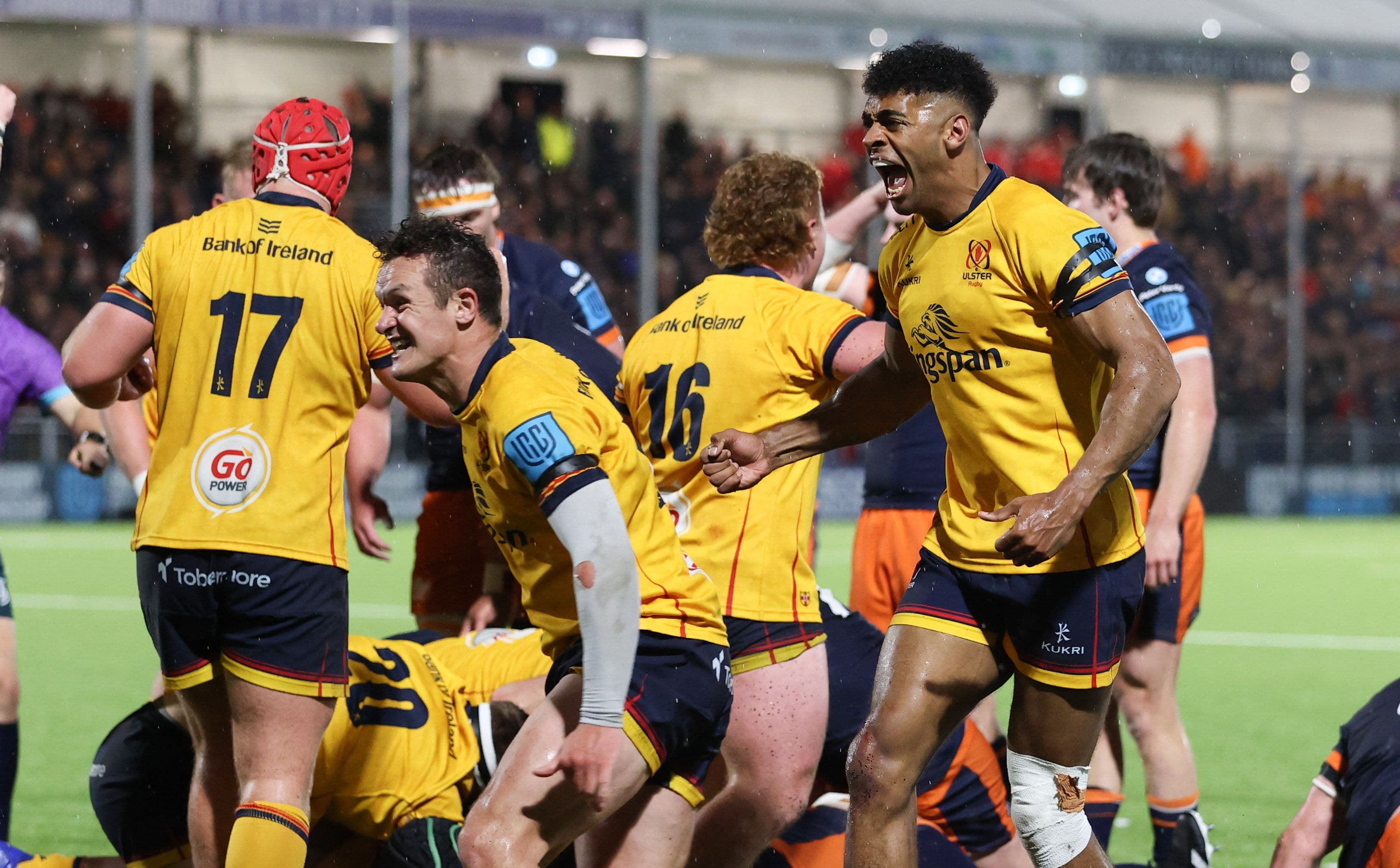 Ulster's Robert Baloucoune (R) celebrates their win during a United Rugby Championship match