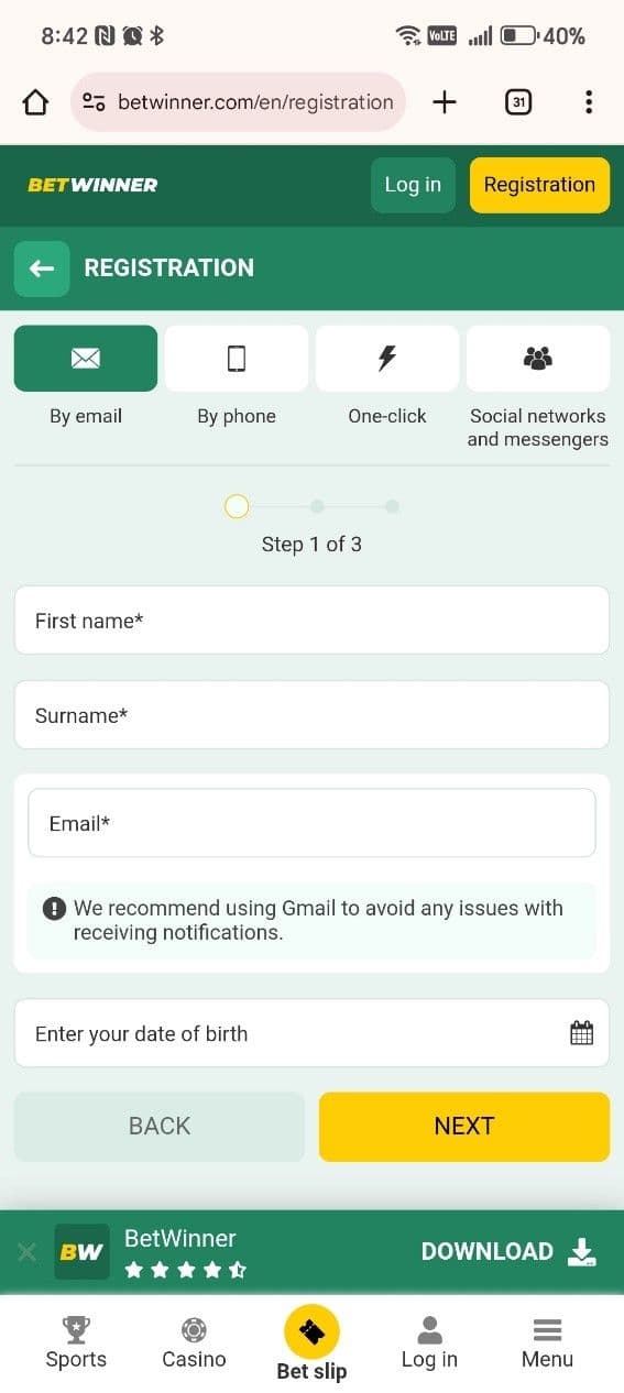 fill in your personal details Betwinner